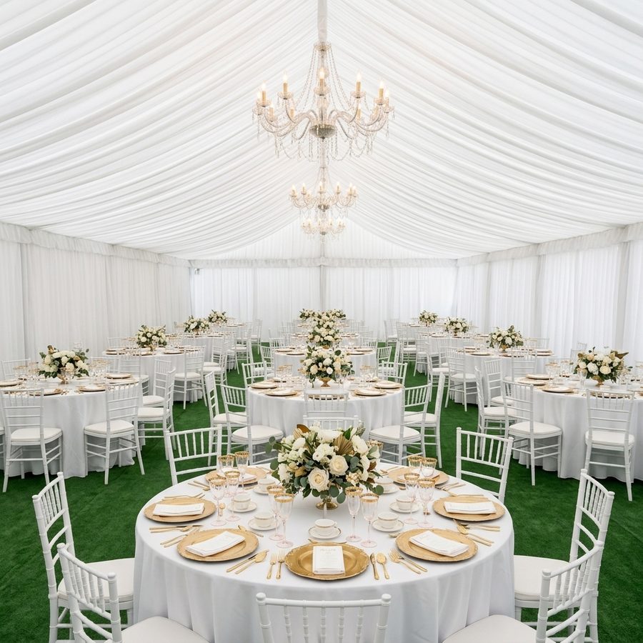 All-inclusive event package setup under a white draped marquee tent with chandeliers, green turf flooring, dressed round tables, and Chiavari chairs