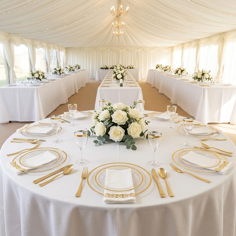 Beautifully dressed round and banquet dining tables with white linens, gold charger plates, crystal glassware, and floral centerpieces
