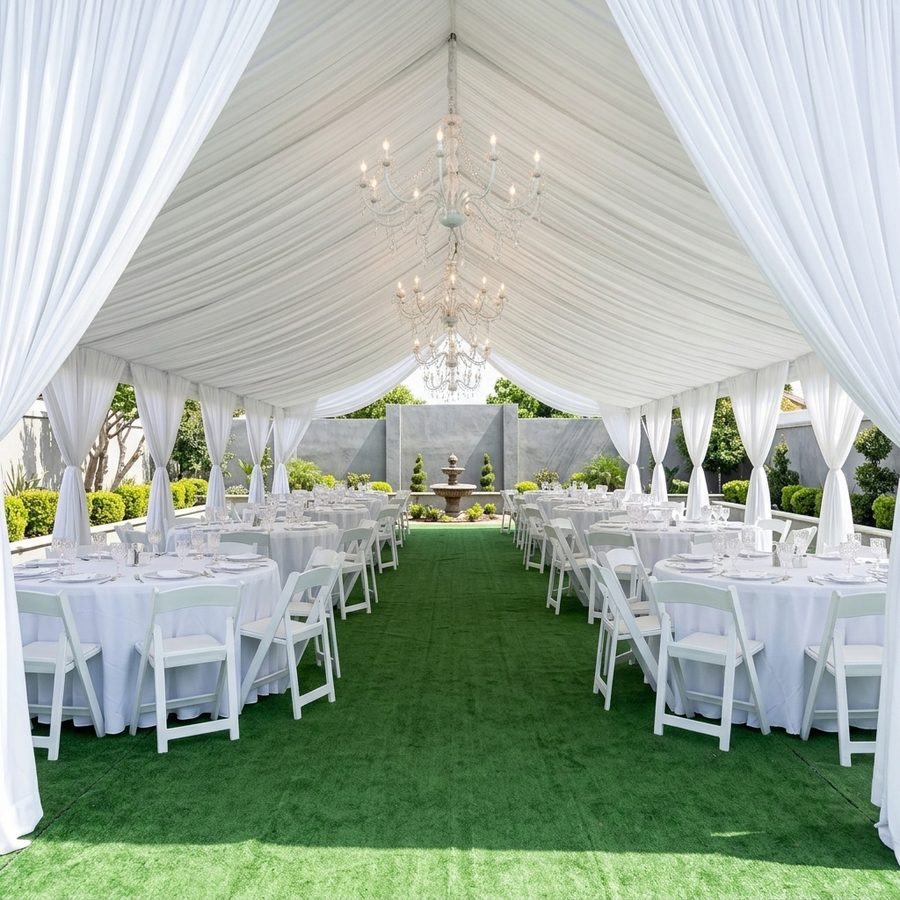 Elegant high-peak outdoor frame tent setup with white pleated ceiling draping, chandeliers, green turf floor, and dressed round tables